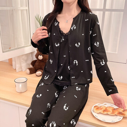 
S.SOFEA spring and summer women's pajamas three-piece set with chest pad lace long-sleeved home clothes for outdoor wear. Three-piece set WX13807 black (with chest pad) 170 M (80-100Jin [Jin equals 0.5 kg])