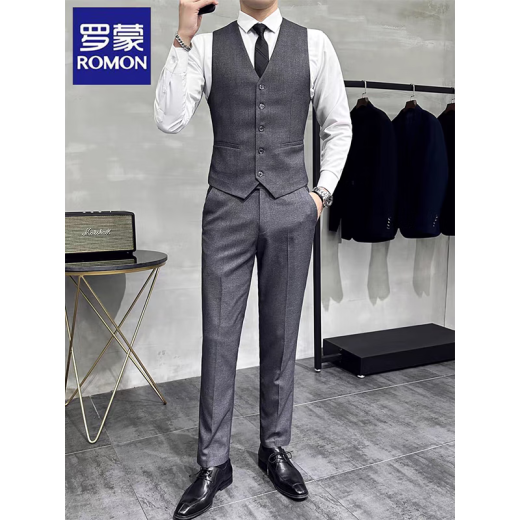 Romon Suit Vest Suit Set Men's Wedding Groomsmen's Group Dress Business Casual Large Size Workwear Vest Professional Outfit LT8801 Black Vest XL (175)