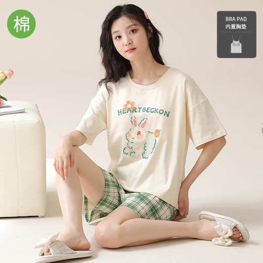 Jiaocaimeng pajamas with breast pads for women summer 100% cotton short-sleeved cartoon girls students and teenagers home wear set QM1355 (with breast pads) 100% cotton M ladies (recommended 80-95Jin Jin equals 0.5 kg)