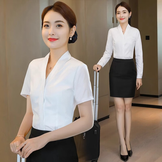 Shiyingwei short-sleeved shirt for women flight attendant interview v-neck shirt white short-sleeved shirt for women v-neck top underwear air stewardess KL9922 long-sleeved white shirt S single size