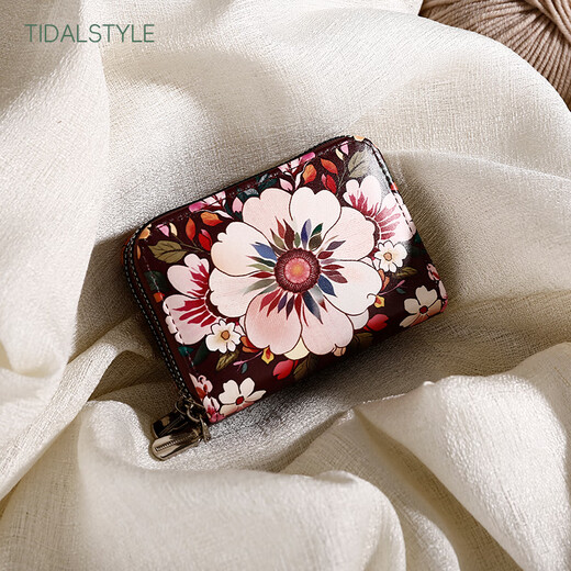 TidalStyle Original Blume Double Reißverschluss Kurzer Brieftasche für Frauen große Kapazität Multi-Card-Kartenbeutel gedruckte Münzbrieftasche Braunblumen 12 Stücke