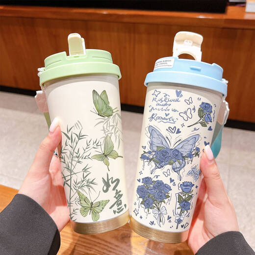 Yonghuan Schmetterling Thermalbecher Edelstahl großer Kapazität Strohhalm Tragbarer Wasserbecher Mädchen 2025 Hochgeprägter Kaffeetasse Antike weiße BXAD6197 Schmetterling 520 ml gepackt Edelstahl