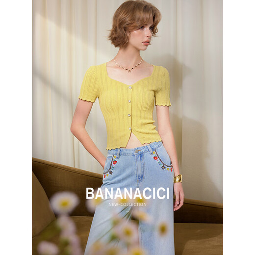 Banana CICI 2025 Summer Nuevo versátil Pure Slim Hem Slit Sweater de manga corta C252MY679 Amarillo S