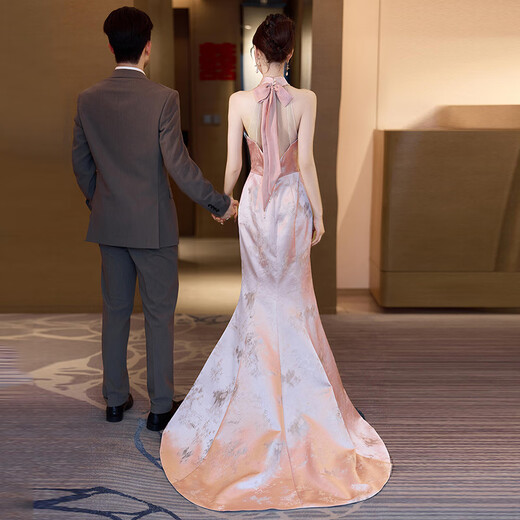 Seasonal cheongsam wedding dress new Chinese style fishtail bride 2025 new texture pink back door wedding engagement banquet toast dress pink M