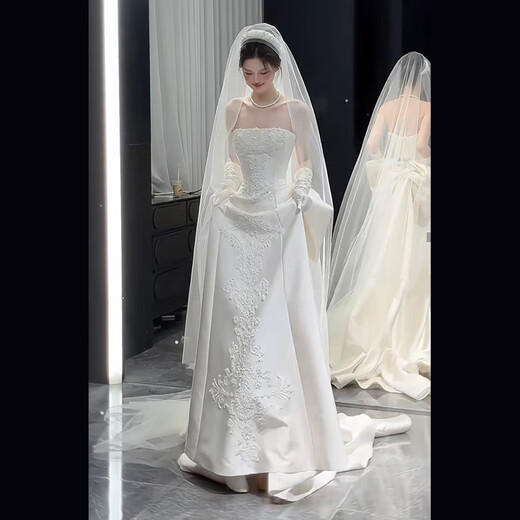 Wenmi fishtail wedding dress bridal main yarn high-end tube top satin light dress for women 2025 new simple texture engagement outing white small tail no free veil S