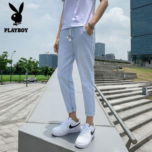 Playboy (Playboy) Hosen für Männer lässige Hosen für Sommer tragen lose und vielseitige trendige Kumpelhosen Straight Jeans für Männer Sommer dünne Männerhosen 673 hellblau/elles Seil XL sammeln Sie Priorität Lieferung]