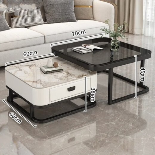 Yinhe light luxury coffee table living room home modern simple small apartment internet celebrity square glass slate coffee table TV cabinet combination black frame gray cabinet 60 gloss snow mountain white + 70 black glass square glossy slate