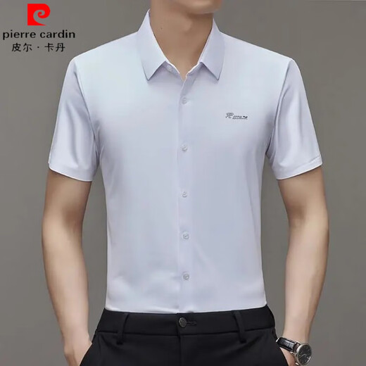 皮尔卡丹（pierre cardin）新款男士桑蚕丝短袖衬衫男保罗中年免烫休闲商务宽松真丝衬衣薄款 藏青KYA短袖9719 L 175/适合135-155斤