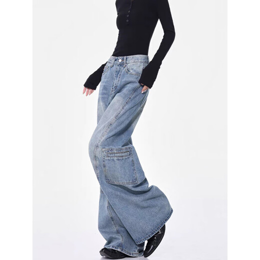 Gemas coloridas Azul Pantalones de piso de drapeado retro de jeans con ceño ancho de caña ancha