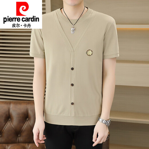 Pierre cardin summer ice silk knitted fake two-piece short-sleeved T-shirt men's Korean style slim and cool and thin half-sleeved T-shirt top 6626 khaki M 90-110Jin [Jin equals 0.5 kg]