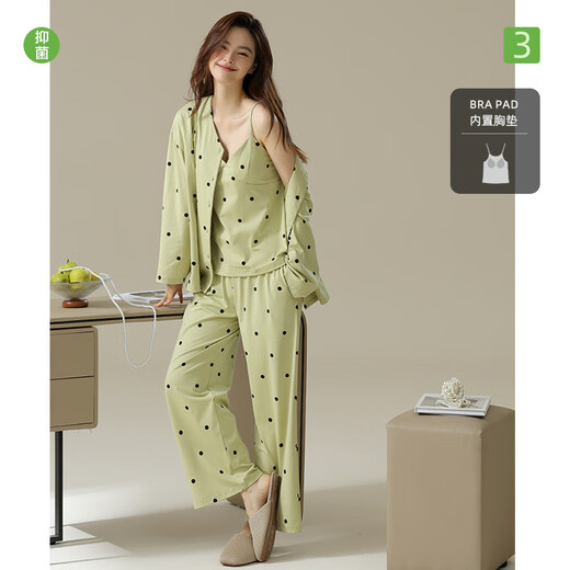 Alle Klassen-A-Baumwoll-Ära Drei-teilige Feder- und Herbst-Pyjamas mit Brustpolster für Frauen Langärmele Baumwollhaus-Einschränkung Klimaanlage 3E3271 Bud Yellow M [7A Antibakterielle Xinjiang-Baumwolle]
