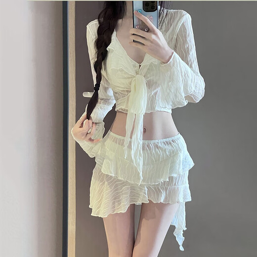 Lugeli bikini swimsuit for women in hot springs, high-end four-piece set, fresh and sexy split beach vacation swimsuit, white bikini set, recommended 80-120 Jin Jin equals 0.5 kg