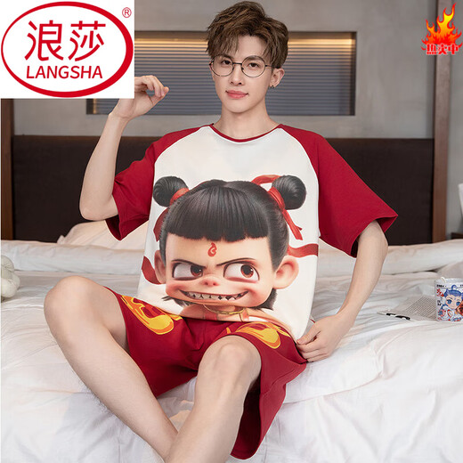 LangSha: Nezha: The Devil Child's Sea Summer Pure Cotton Pajamas Men's Short Sleeve Shorts Cute Cartoons You Can Go Out Thin Home Suit 7029 M L Recommended Height 165-170c, Weight 100