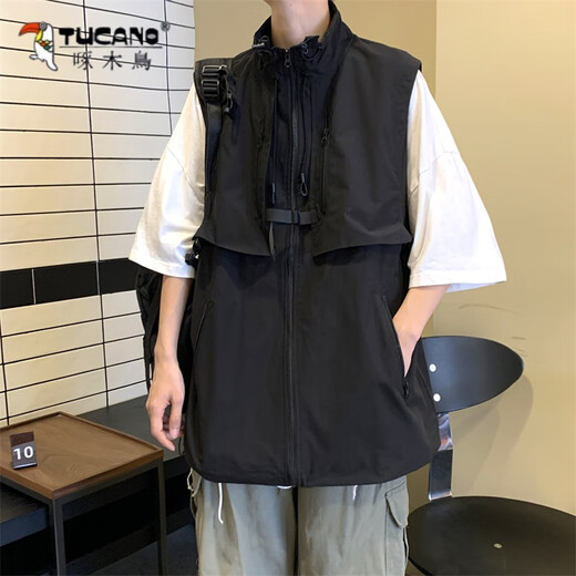 啄木鸟（TUCANO）夏季新款潮牌机车工装马甲男生日系复古宽松百搭拉链无袖坎肩外套 黑色 XL
