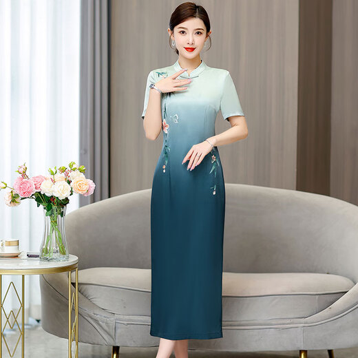 黛娜娅（Dainaya）旗袍女2024春夏季新款中式大码女装中国风日常改良复古连衣裙1585 青碧渐变色 S