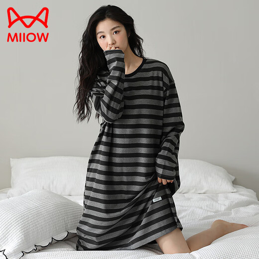 猫人（MiiOW）睡裙女长袖棉质设计感春秋季睡衣可外穿条纹家居服2025年春秋新款 W9767长袖睡裙 XL 110-125斤