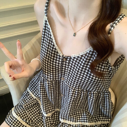 梦鸾韩版吊带睡衣女士夏季带胸垫可外穿甜美波点背心套装高级感家居服 T1502 吊带格子 M