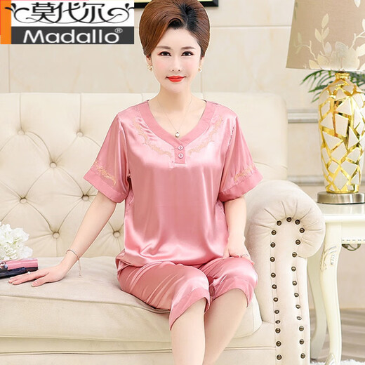 莫代尔睡衣女夏短袖冰丝I绸套装中年妈妈中老年仿真丝家居服夏季大码薄 LH683深粉 L 建议【100-120斤】