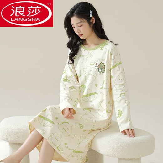 Langsha Nightgown (Langsha) Champe de nuit pour le printemps et l'automne 2025 Nouveau coton pur coton coton haut de gamme Automne mignon Pyjamas Dinosaur Clottes à domicile Long jupe W9764 3xl 140-160jin [Jin est égal à 0,5 kg]