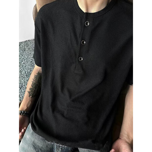American Henry Neck Short Sleeve T-shirt Men's Summer Waffle Loose Casual Inner Base Shirt Top Gray Y41-YK XL