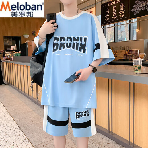 
Meiluobon MELOBAN Summer New Casual Sports Set Boys Hong Kong Style Loose Matching Trendy and Handsome Shorts Shorts Two-Piece Set 687 Black M Reference 80-100Jin [Jin equals 0.5 kg]
