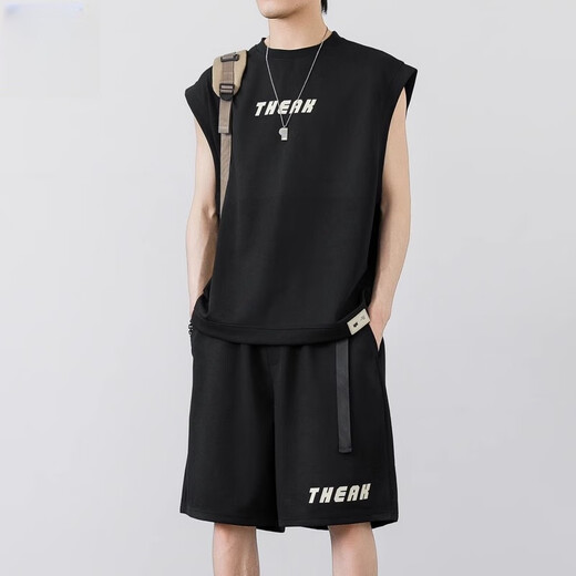 Jeep Spirit-Anzug Herren Waffel Casual Summer Trend atmungsaktive ärmellose Weste Lose T-Shirt Sport Fünf-Punkte-Shorts grau