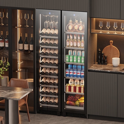 Bai Kailun double-door wine cabinet with constant temperature and humidity double-door light luxury ultra-thin seamless embedded home air-cooled frost-free villa tea beverage liquor wine fruit preservation refrigerated display cabinet 1.8 meters丨Dual temperature zone丨Double ice bar丨 680L thick section
