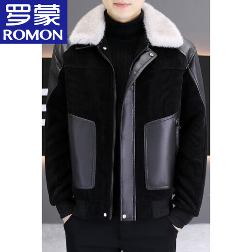 ROMON men's woolen plus velvet thickened leather jacket, removable fur collar, color-blocked sherpa jacket, handsome and fashionable leather jacket, off-white L, refer to around 110-125