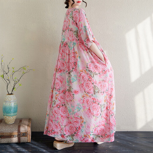 Jiandang grande taille Vêtements féminins Fat MM printemps et été ronde ronde Impression littéraire de style bohème robe longue robe longue 16836 rose unique [200jin [Jin est égal à 0,5 kg] ci-dessous]