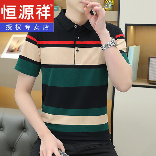 恒源祥夏季2025新款爸爸POLO衫潮流青年上衣服男士翻领条纹短袖T恤 NH-PL829黑色 M