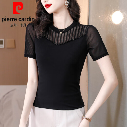Pierre Cardin Mesh Bottoming Shirt Women's Short-Sleeved T-Shirt Women's 2025 New Summer Black Mommy Dress Slim-fitting Lace Top Black (Short Sleeve Style) 1390# M