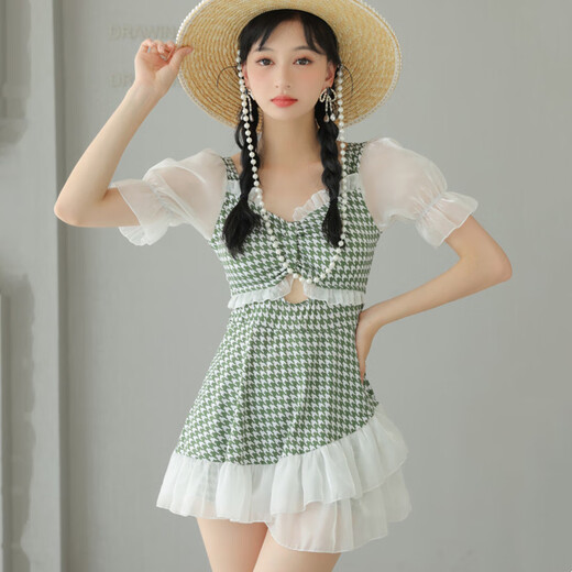 NJSKAKW2025 New Internet Celebrity Ins One-piece Swimsuit Women's High Waist Slim Student Swimwear Hot Spring College Style 9738 Green XL