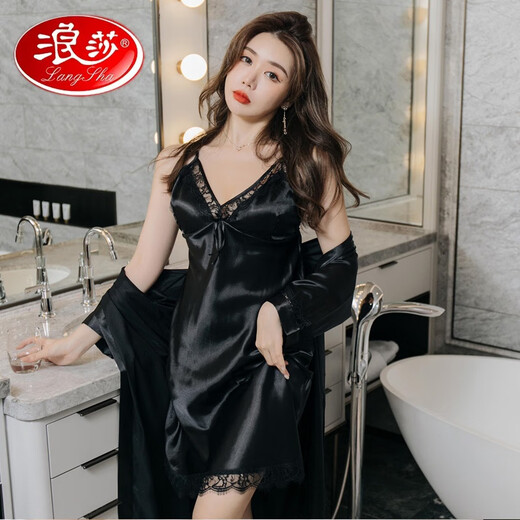 浪莎（LangSha）轻奢夏季冰感短袖睡衣女性感加肥加大码斤胖真丝吊带睡裙两件套 两件套-882锈红 2XL (130-155斤)