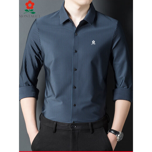Montagut Herren Mulberry Seide Langarmed Hemd im Herbst Dad Casual Striped Revers Shirt Männer 9928-Black M 165 Geeignet für 100-115jin [Jin gleich 0,5 kg]