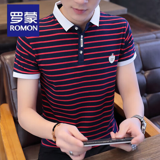 罗蒙（ROMON）纯棉夏季新款男士短袖T恤韩版条纹丅恤POLO衫上衣服潮流半袖体恤 7029短袖白色 M
