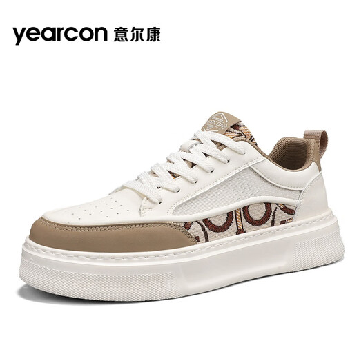意尔康男鞋休闲板鞋简约风舒适透气不磨脚软底增高不累脚小白鞋运动鞋子 米白/浅棕4885 44