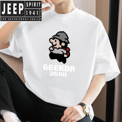 Jeep Spirit260g Camiseta de manga corta pesada Top de cuello redondo de gran tamaño con algodón de algodón con estampado de píxeles M09-693 Black L