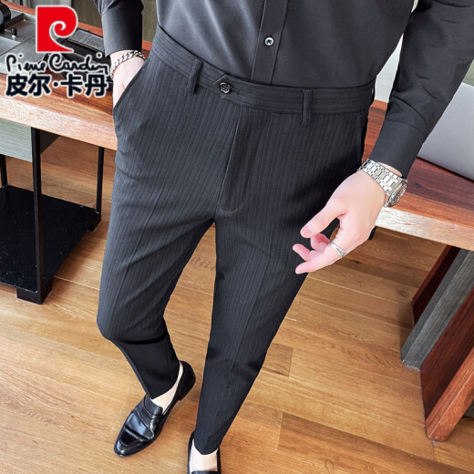 Pierre Cardin (Pierre Cardin) Nivel azul marino Pantalones de rayas verticales al estilo coreano de los hombres pantalones casuales sin planchar pantalones de traje de traje de hombre se sienten pantalones negros de punto A455-9902 30 recomendado 115-125Jin [Jin equivale a 0.5 kg]