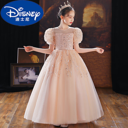 迪士尼（DISNEY）女童礼服裙轻奢小众高端花童婚礼女孩主持人儿童蓬蓬裙高端公主裙 F48香槟色短·袖长裙 110 cm