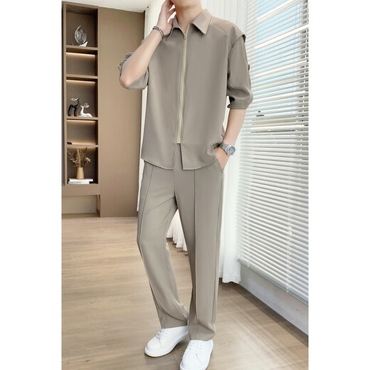 Pierre cardin ice silk short-sleeved shirt suit men's summer casual and mature outfit high-end anti-wrinkle trousers men's clothing set 727 meters white [long sleeves] + free T-shirt XL [recommended 130-145 Jin [Jin equals 0.5 kg]]