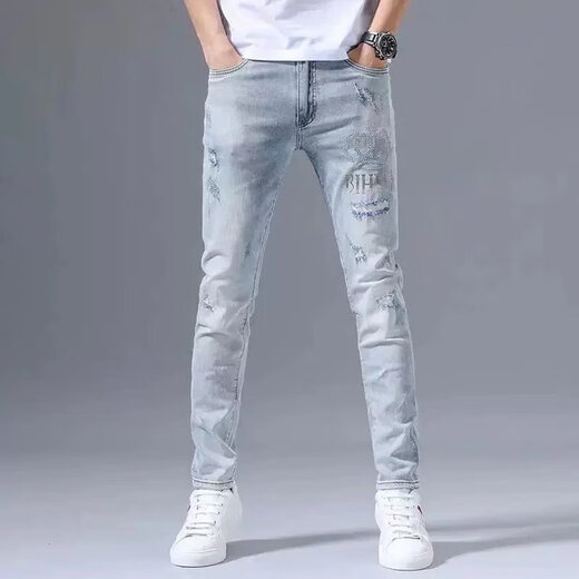AEMAPE高端品牌欧洲站夏季破洞牛仔裤男修身小脚韩版烫钻浅色薄款裤子男 浅蓝色3890款 28