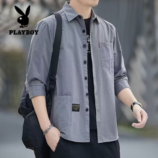 花花公子（PLAYBOY）纯棉七分袖衬衫男夏季薄款高端中袖衬衣男士休闲短袖t恤男款外套 723/灰色（七分袖衬衫） 3XL