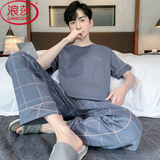 Langsha (Langsha) Pure Cotton Herren-Pyjamas kurzärmelige Hose losen lässiger Anzug Sommer Dünner koreanischer Stil mittleren Alters und junger Herrenhauskleidung H9928 (Kurzärärmel-Shorts) [Counter-Flaggschiff-Qualität] L (Empfohlen 90-110jin [Jin entspricht 0,5 kg]))