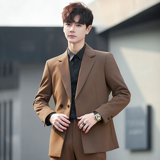 ROMON men's casual suit suit men's business casual Korean style slim and handsome double-breasted trendy groom's wedding suit coffee color single suit XL recommended 120-130Jin Jin equals 0.5 kg