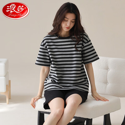 浪莎（LangSha）高档2025夏睡衣女纯棉短袖短裤韩版可爱加大码可外穿棉家居服套装 A9856 M (75-95斤)