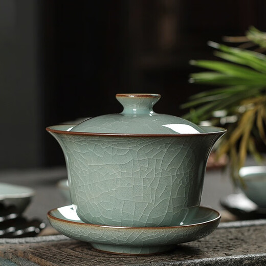 Yunshun Dehua Ge Kiln Sancai Covered Bowl Ice-cracked Tea Bowl Single Tea Brewing Kung Fu Tea Set Household Ceramic Tea Cup Ge Kiln Covered Bowl-Tianqing 170ml