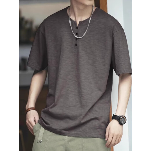 Kazuki Kuraishi Sommer New American Retro Bambushülle T-Shirt Herren Henry Shirt Marke Casual Herren einfacher und All-Match Top Royal Blue M.