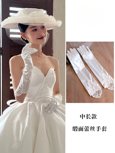 CLCEY婚纱手套新娘礼服缎面法式复古蕾丝手袖白色长款结婚袖子遮手臂套 白芙绸缎手套约40cm
