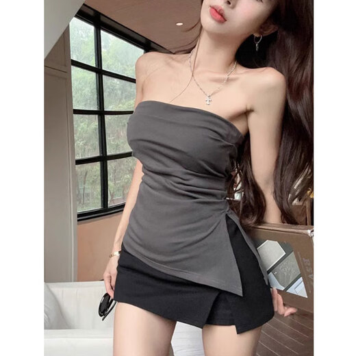 Chuangjingyi Selects Sexy Tube Top with Designed Waist Slit and Chest Wrapped Top Gray XL