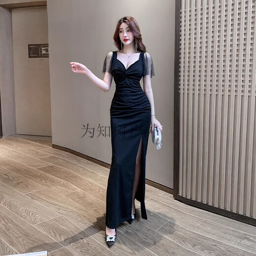 
For Zhishu's new KTV sexy nightclub long skirt bathing sauna technician temperament evening dress long bar work clothes Add B3883 black + S